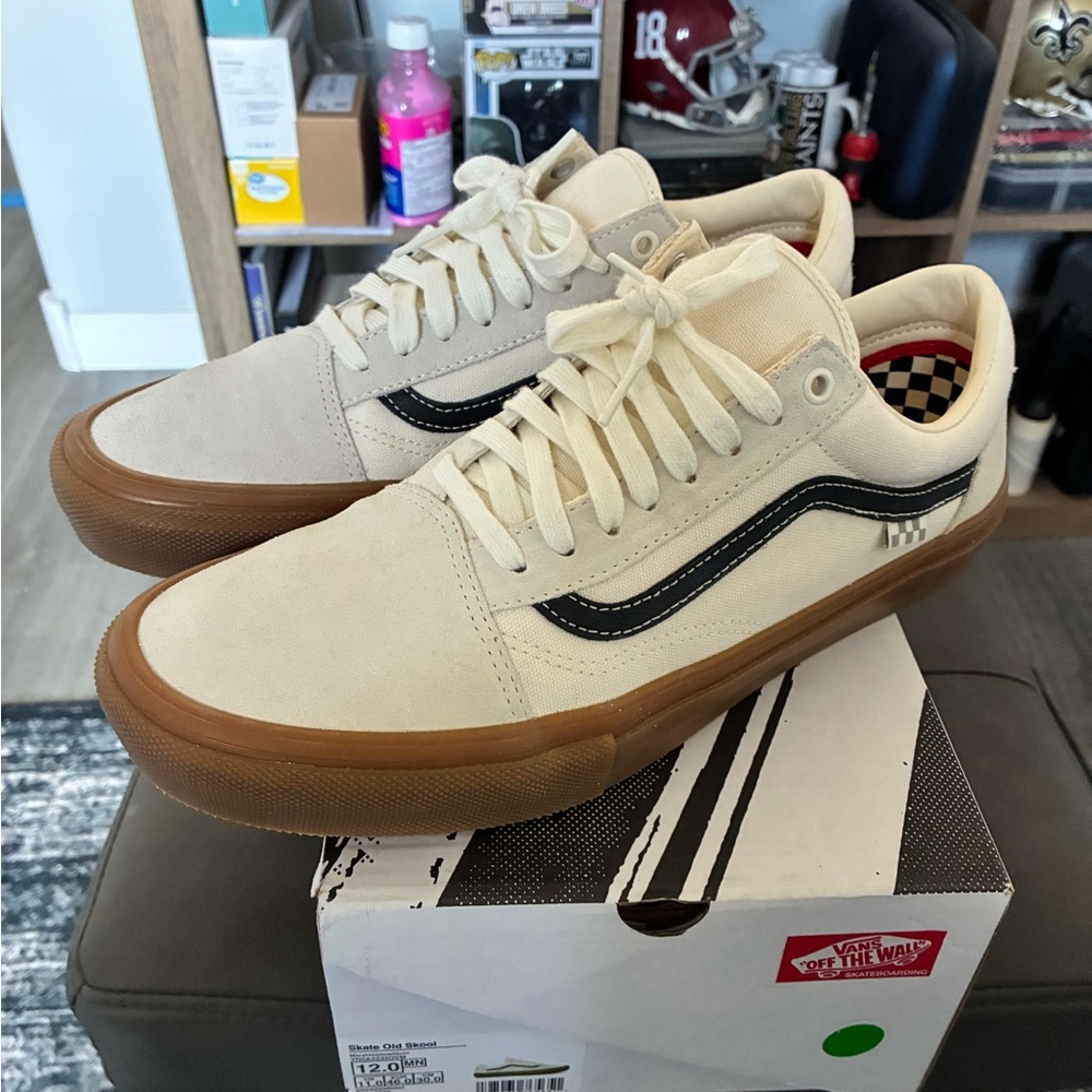 Vans Cream and Black Sneakers with Gum Sole